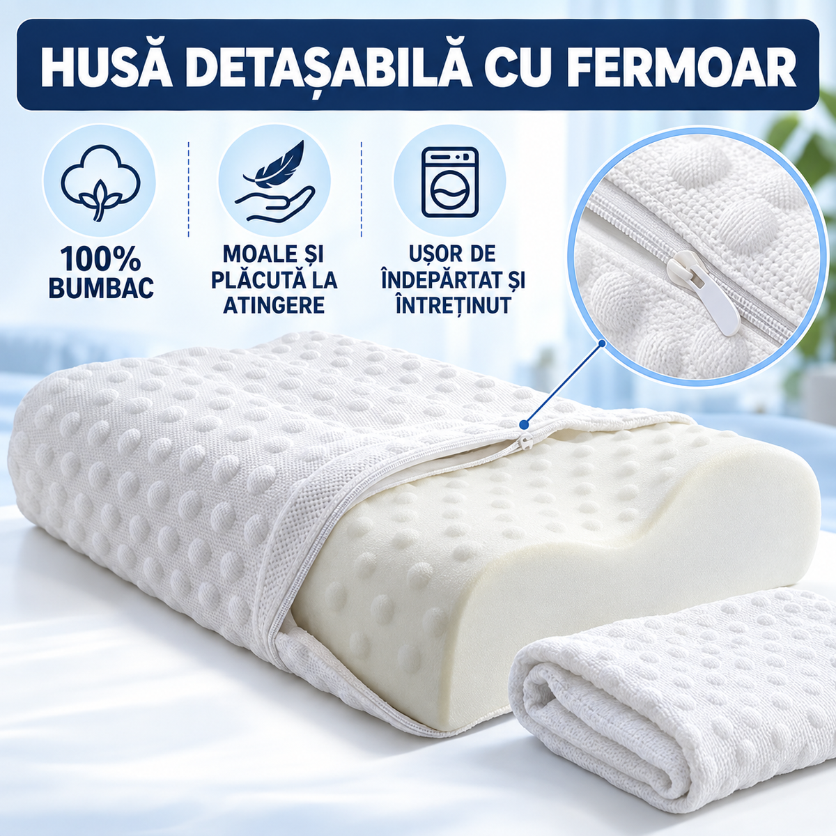 Pernă Ortopedică cu Spumă Memorie, Suport Ergonomic Gât, Umeri și Spate, Ideală pentru Orice Poziție de Somn, 50x29x10/7cm, Albă