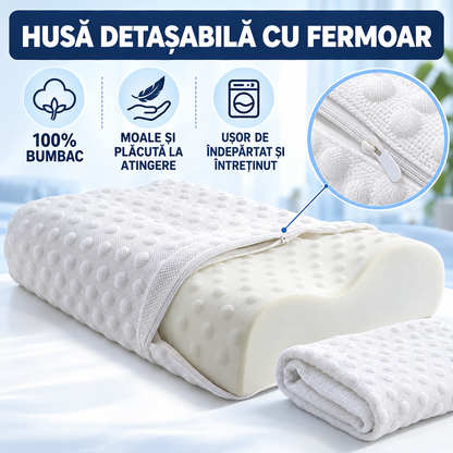 Pernă Ortopedică cu Spumă Memorie, Suport Ergonomic Gât, Umeri și Spate, Ideală pentru Orice Poziție de Somn, 50x29x10/7cm, Albă