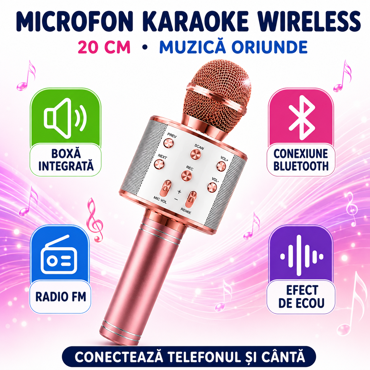 Set K-POP: Set 3 Păpuși K-Pop Demon Hunters 28cm, cu Muzică și Lumini, Accesorii și Cutie Cadou + Microfon Wireless cu Boxă pentru Karaoke (Bluetooth si Radio)