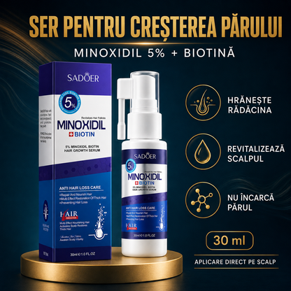Pachet pentru Creșterea Părului și Anti-Cădere: Șampon cu Minoxidil 5% și Keratină, 265g + Set pentru Scalp cu Minoxidil 5% + Biotin, 30ml