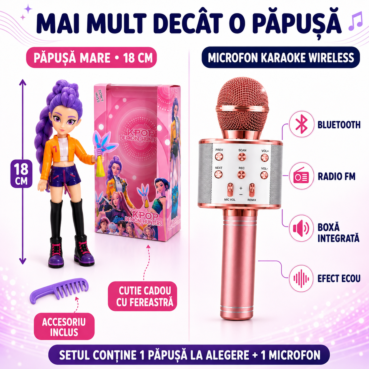 Set K-POP: Păpușă K-Pop Demon Hunters 18cm, cu Accesorii și Cutie Cadou + Microfon Wireless cu Boxă pentru Karaoke (Bluetooth si Radio)