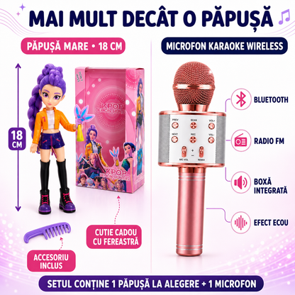 Set K-POP: Păpușă K-Pop Demon Hunters 18cm, cu Accesorii și Cutie Cadou + Microfon Wireless cu Boxă pentru Karaoke (Bluetooth si Radio)