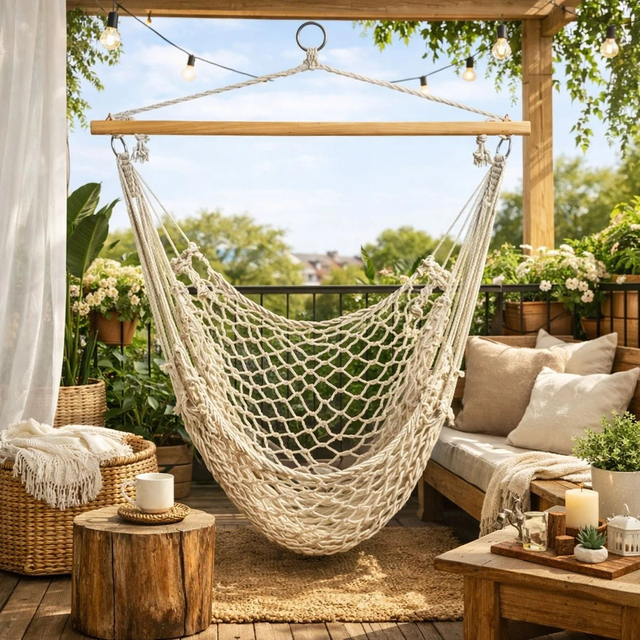 Leagăn Suspendabil tip Hamac cu Scaun foarte Confortabil, Dimensiune 100x120cm, foarte Rezistent (120Kg), din Bumbac și Țesătură Macrame