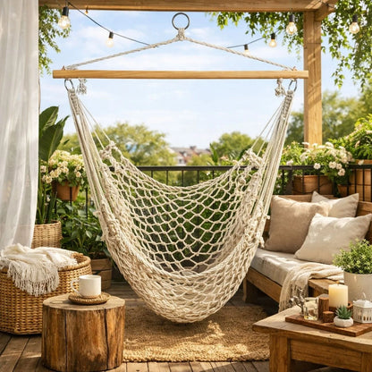 Leagăn Suspendabil tip Hamac cu Scaun foarte Confortabil, Dimensiune 100x120cm, foarte Rezistent (120Kg), din Bumbac și Țesătură Macrame