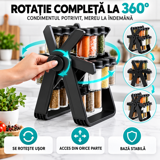 Organizator Condimente cu 18 Borcane și Suport Rotativ la 360°