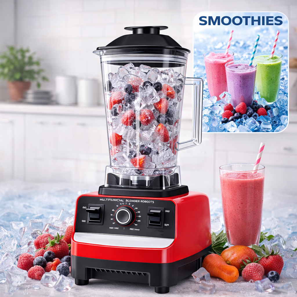 Blender Multifuncțional Profesional cu 2 Cupe, Motor foarte Puternic (4500W), 15 Trepte de Viteză, 4 Lame din Inox 3D