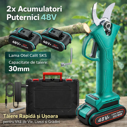 Foarfecă Electrică pentru Tuns Pomi, Crengi sau Vie, cu 2 Acumulatori (48V), Lame Puternice  din Oțel + CADOU: Mănuși de Protecție din Țesătură și Cauciuc