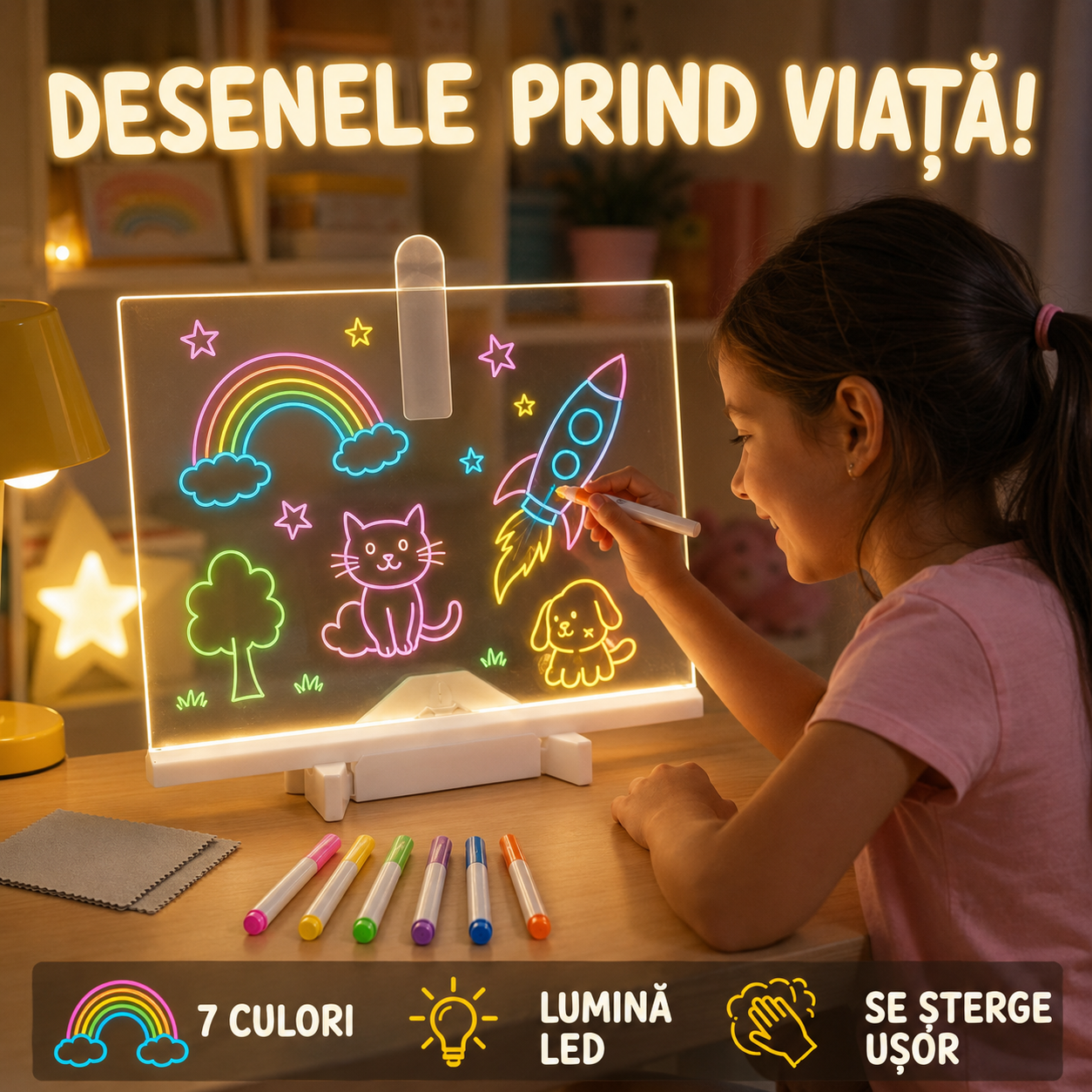 1+1 GRATIS | Set Tăbliță LED cu Suport pentru Desenat sau Scris Mesaje, Reutilizabilă, cu 7 Carioci și Lavete pentru Șters, ideală pentru Copii (Desenat, Scris, Pictat) sau pentru Adulți (Notițe, Memo, Mesaje), Dimensiune 30x20cm, Alimentare USB