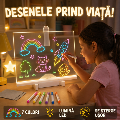 1+1 GRATIS | Set Tăbliță LED cu Suport pentru Desenat sau Scris Mesaje, Reutilizabilă, cu 7 Carioci și Lavete pentru Șters, ideală pentru Copii (Desenat, Scris, Pictat) sau pentru Adulți (Notițe, Memo, Mesaje), Dimensiune 30x20cm, Alimentare USB