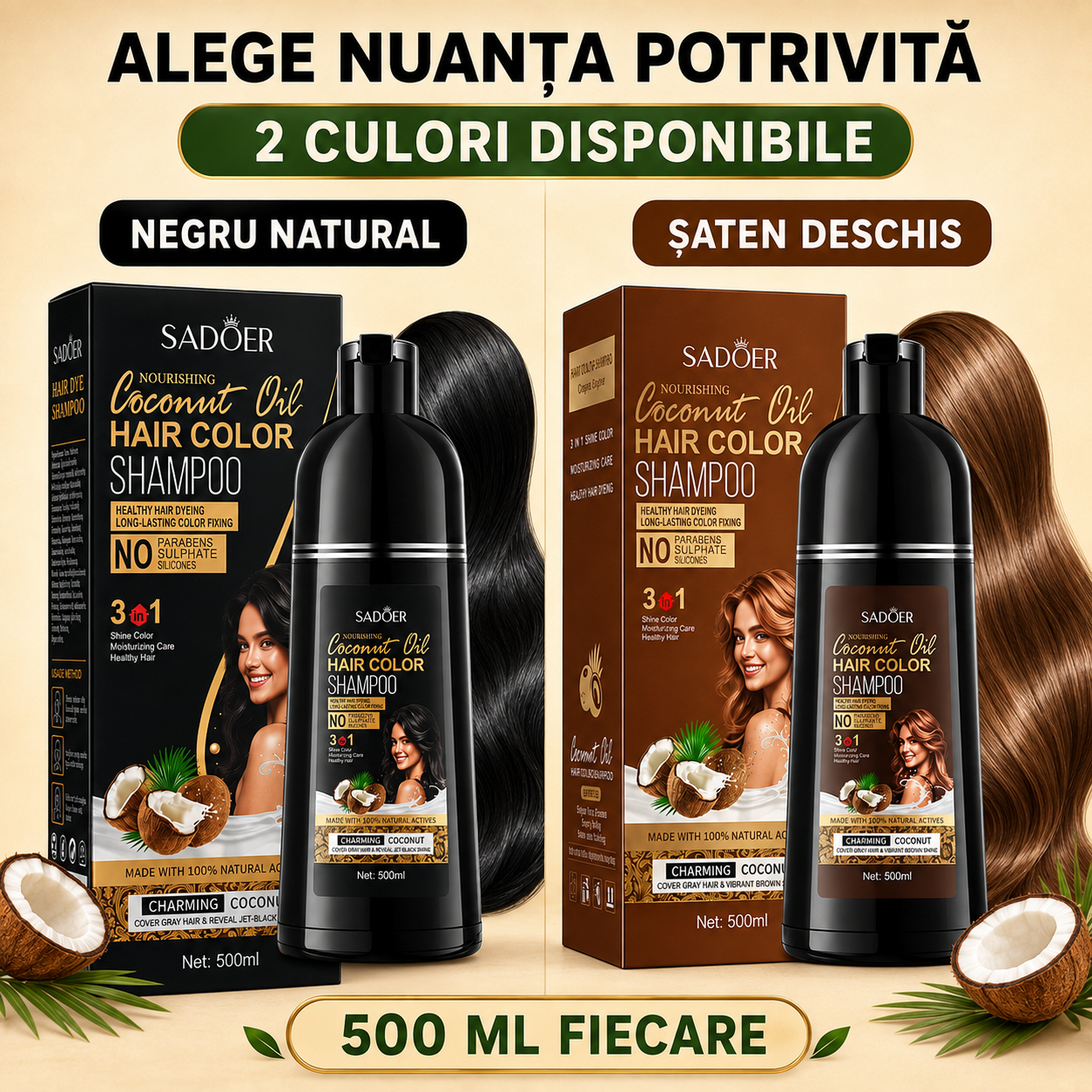 Pachet Îngrijire Păr: Șampon Nuanțator 3-în-1, cu Ulei de Cocos, 500ml + Șampon Esență Anti-Cădere și Refacere Păr, cu Ghimbir, 500ml