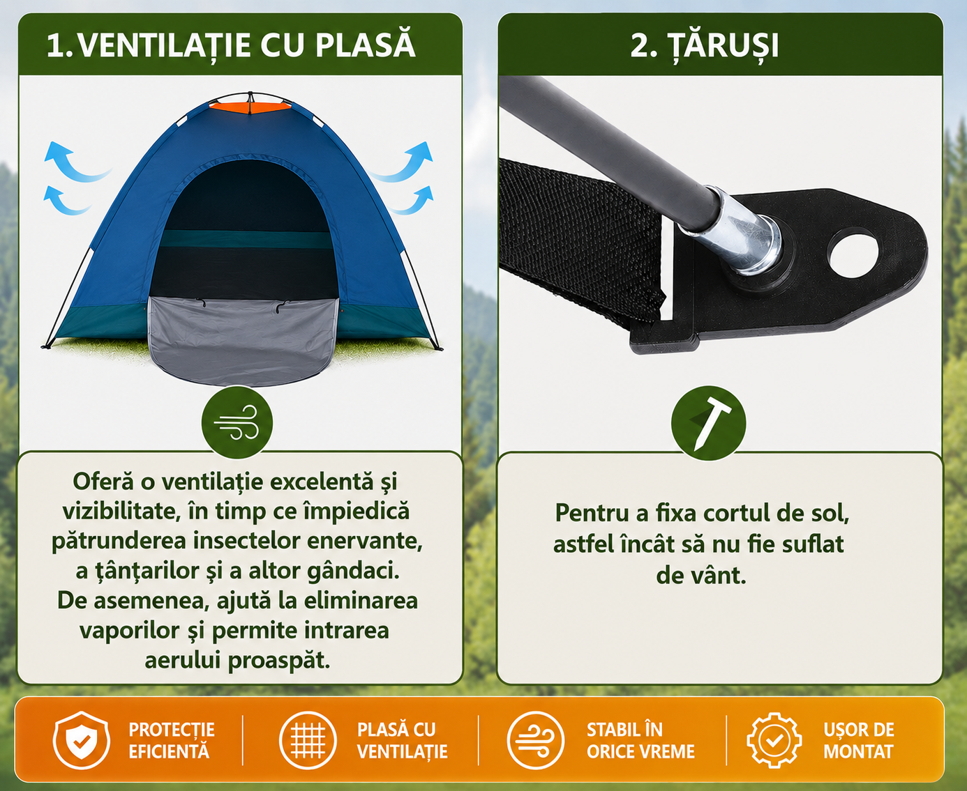 Cort Camping pentru 3-4 Persoane (Dimensiuni 200x200x135cm), Foarte Solid și Rezistent la Intemperii, Impermeabil, Protecție UV, Plasă Anti-Insecte, Geantă Transport
