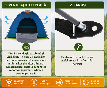 Cort Camping pentru 3-4 Persoane (Dimensiuni 200x200x135cm), Foarte Solid și Rezistent la Intemperii, Impermeabil, Protecție UV, Plasă Anti-Insecte, Geantă Transport