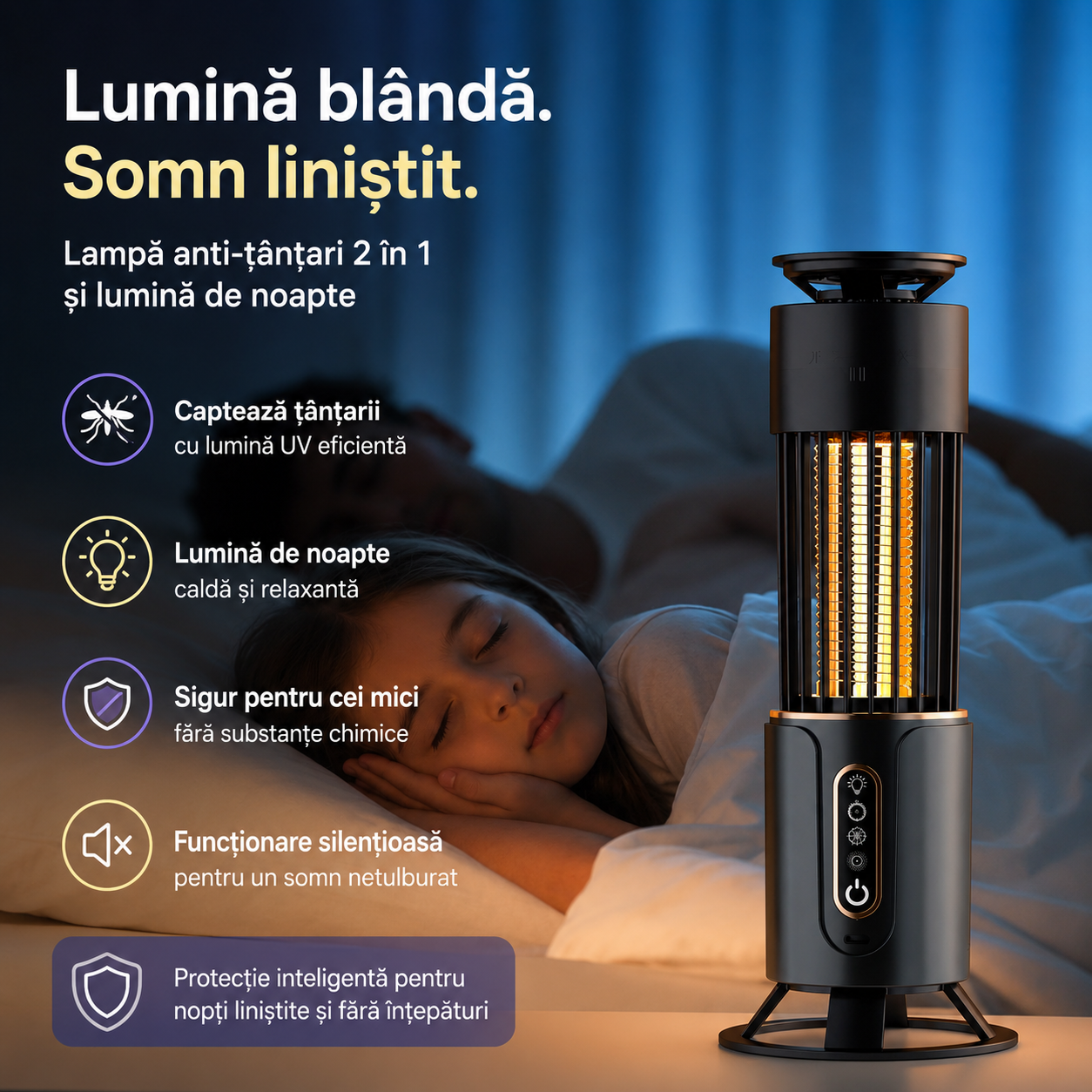 Model 1 | Lampă Anti-Țânțari 2 în 1 cu Lumină UV si Plasă Electrică de Înaltă Tensiune, Temporizare 3 Trepte, Portabilă, Silențioasă, Acoperire 360°