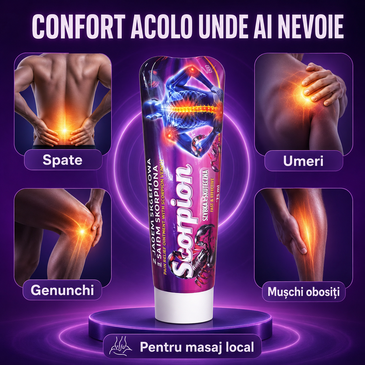 1+1 Gratis | Cremă cu extract de venin de scorpion, pentru dureri musculare și articulare, cu efect încășzitor și relaxant, 125ml