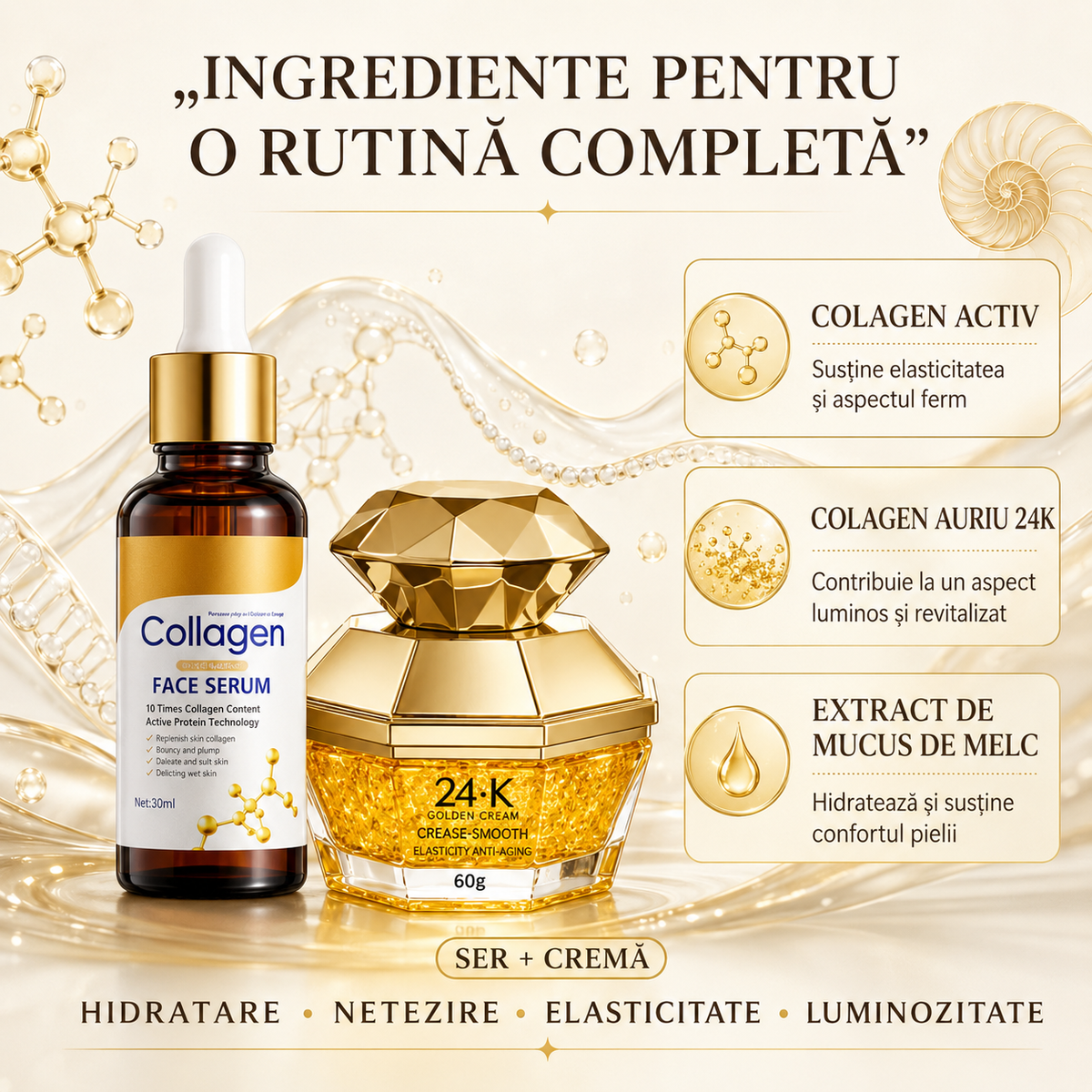 Pachet Îngrijire Ten: Cremă 24K Golden Collagen + Ser Facial Collagen, DUO Anti-Îmbătrânire, Anti-Riduri, Redare Aspect Tânăr și Fermitatea Tenului