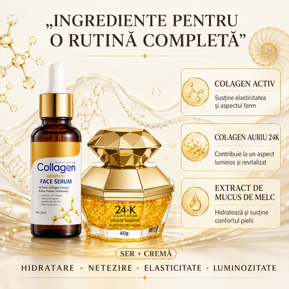 Pachet Îngrijire Ten: Cremă 24K Golden Collagen + Ser Facial Collagen, DUO Anti-Îmbătrânire, Anti-Riduri, Redare Aspect Tânăr și Fermitatea Tenului