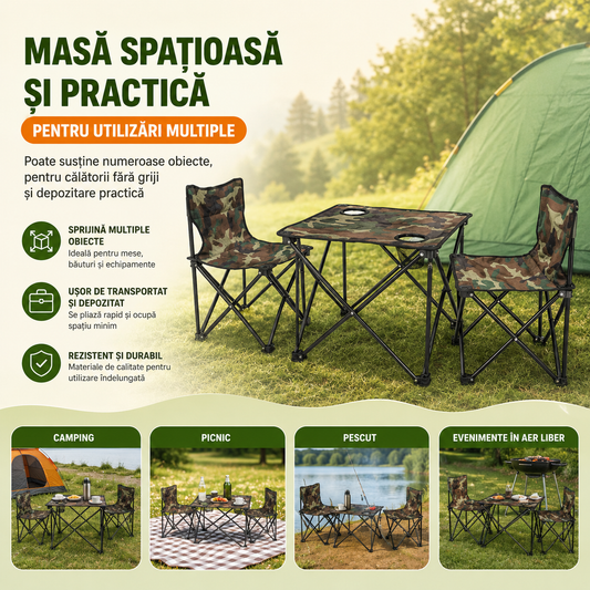 Set Masă (40x45cm) și 2 Scaune (60x30cm) Pliabile, pentru Camping, Picnic, Pescuit sau alte Activități, Geantă Transport Inclusă, Masă cu Suport Pahare/Sticle