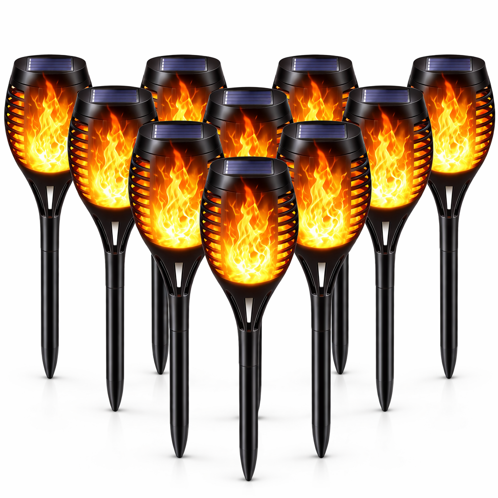 Set 8 Lămpi Solare pentru Grădină, cu Efect de Flacără (foarte Spectaculoase), Înălțime 51.5 cm, Rezistență la Ploaie (IP65), Mod Automat Noapte/Zi