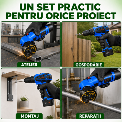 Set Complet: Flex Unghiular 10.000 RPM + Bormașină 1.400 RPM, cu 2 Acumulatori Li-ion Incluși, 5 Discuri Ø76mm, Încărcător