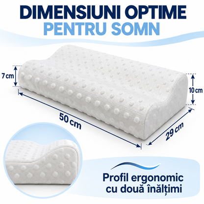 Pernă Ortopedică cu Spumă Memorie, Suport Ergonomic Gât, Umeri și Spate, Ideală pentru Orice Poziție de Somn, 50x29x10/7cm, Albă