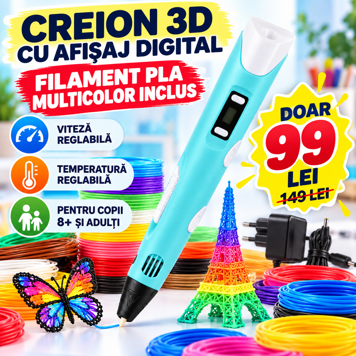 Creion-Stilou Inteligent 3D cu Afișaj și Filamente pentru Desenat în Spațiu, Duză 0,7mm, Temperatură Reglabilă 160-230°C și Filament PLA 120m Inclus, 12V