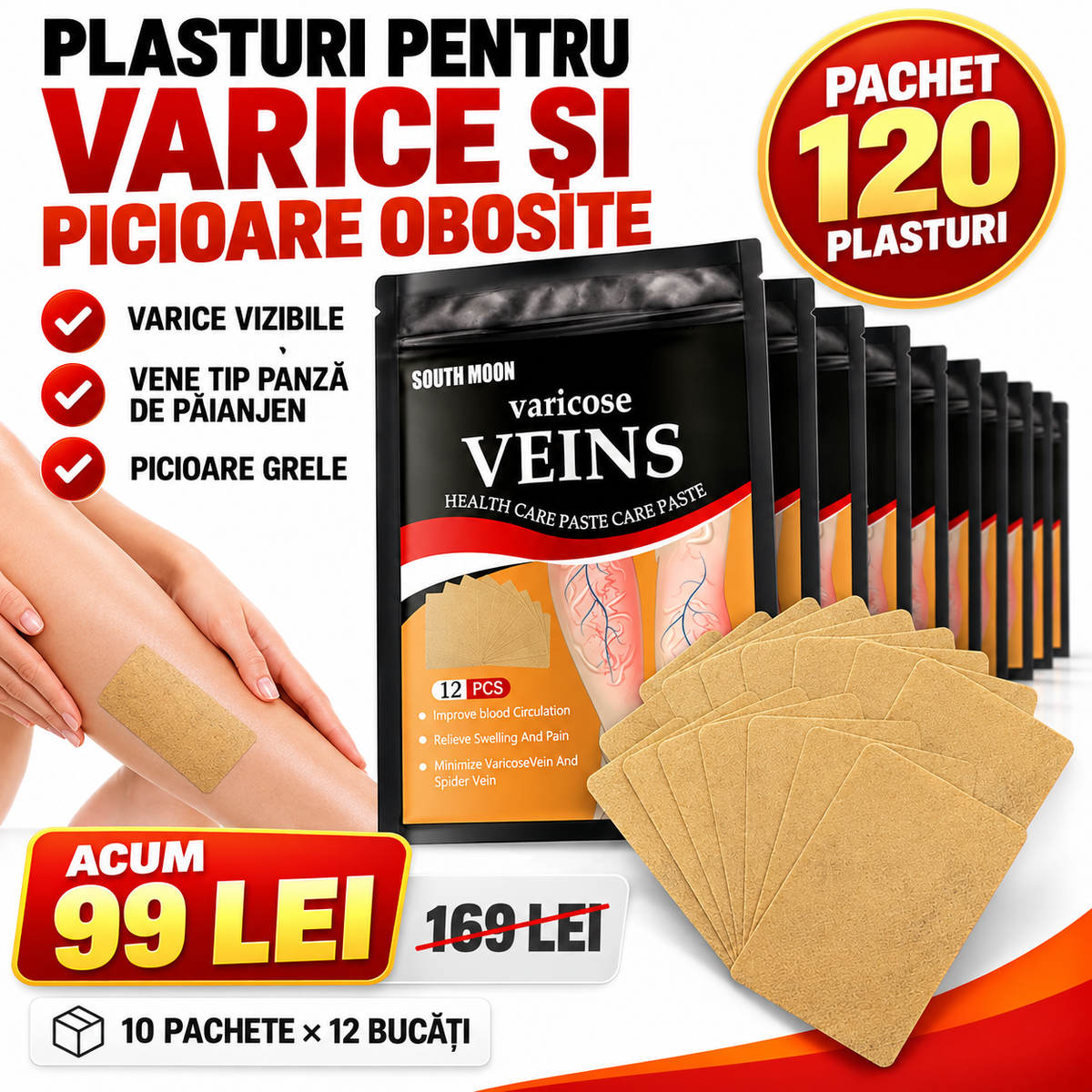 Set 120 Plasturi Naturali pentru Varice, Vene tip Pânză de Păianjen și Picioare Obosite (Extracte din Plante Medicinale, Efect Termic)