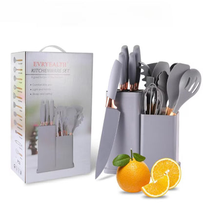 Set 19 Piese Ustensile Bucătărie, din Silicon Alimentar si Lemn, Termorezistente, Include 11 Ustensile, 5 Cuțite, 1 Tocător, 1 Foarfecă și Suport