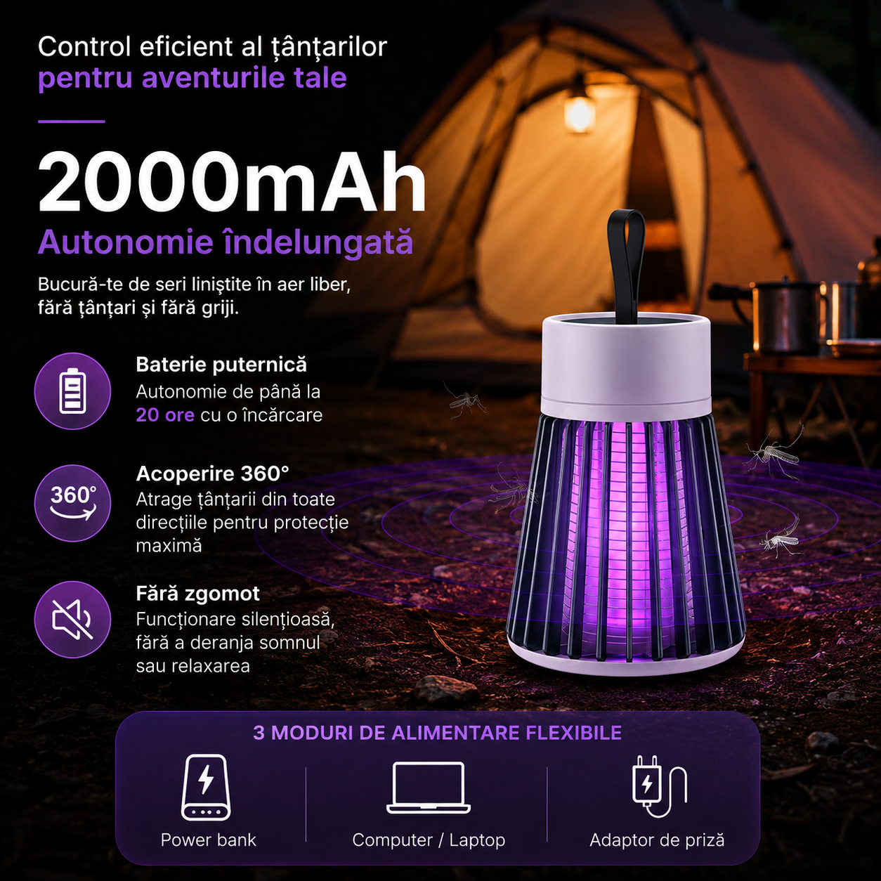Set 3 x Lampă Anti-Țânțari cu Lumină UV si Plasă Electrică de Înaltă Tensiune, Portabilă, Silențioasă