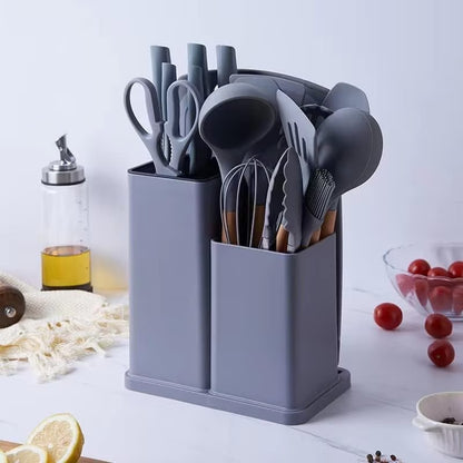 Set 19 Piese Ustensile Bucătărie, din Silicon Alimentar si Lemn, Termorezistente, Include 11 Ustensile, 5 Cuțite, 1 Tocător, 1 Foarfecă și Suport