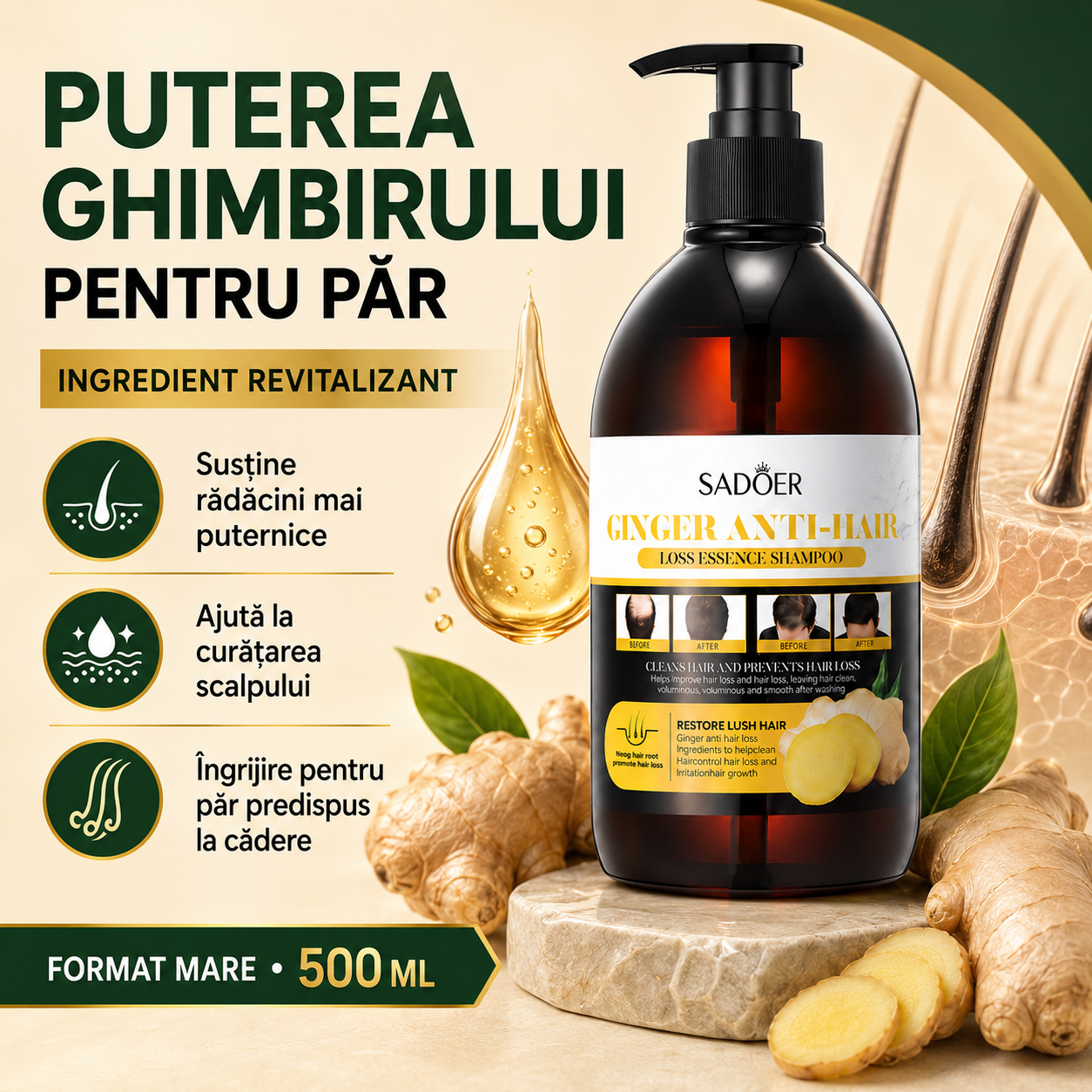 Pachet Îngrijire Păr: Șampon Nuanțator 3-în-1, cu Ulei de Cocos, 500ml + Șampon Esență Anti-Cădere și Refacere Păr, cu Ghimbir, 500ml