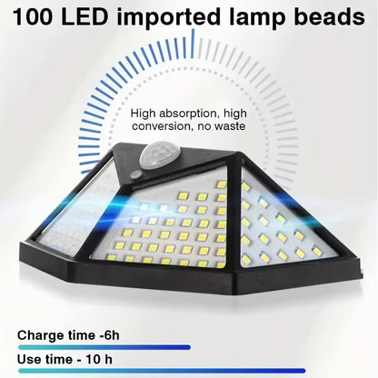Lămpi Solare cu 100 LED-uri, 3 Moduri Iluminare, Senzor de Mișcare, Rezistență la Ploaie (IP65), Mod Automat Noapte, Unghi Mare de Iluminare 270 Grade