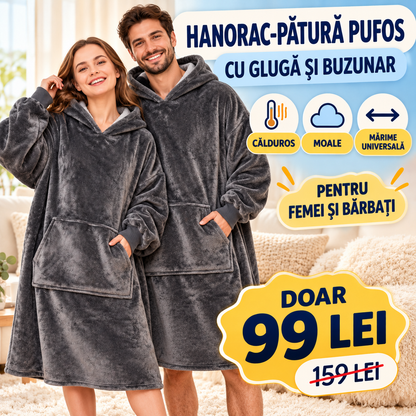 Hanorac-Pătură cu Blăniță, foarte Pufos și Călduros, cu Glugă și Buzunare, pentru Bărbați și Femei, mărime Universală