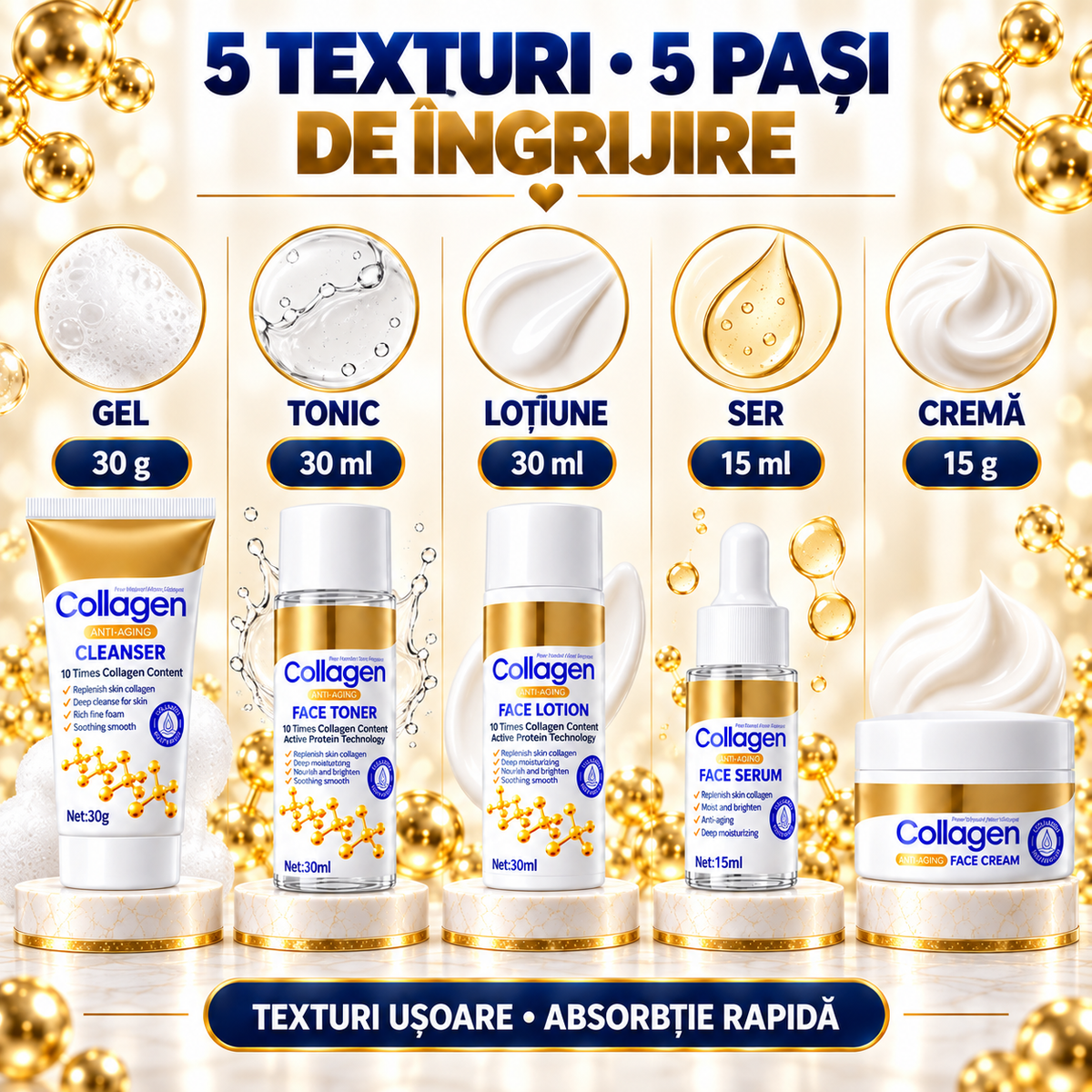 Set Îngrijire Ten cu Colagen Hidrolizat 5-în-1 (Gel de Curățare, Tonic, Loțiune, Ser și Cremă de Față) - Hidratare Intensă și Efect Anti-Îmbătrânire