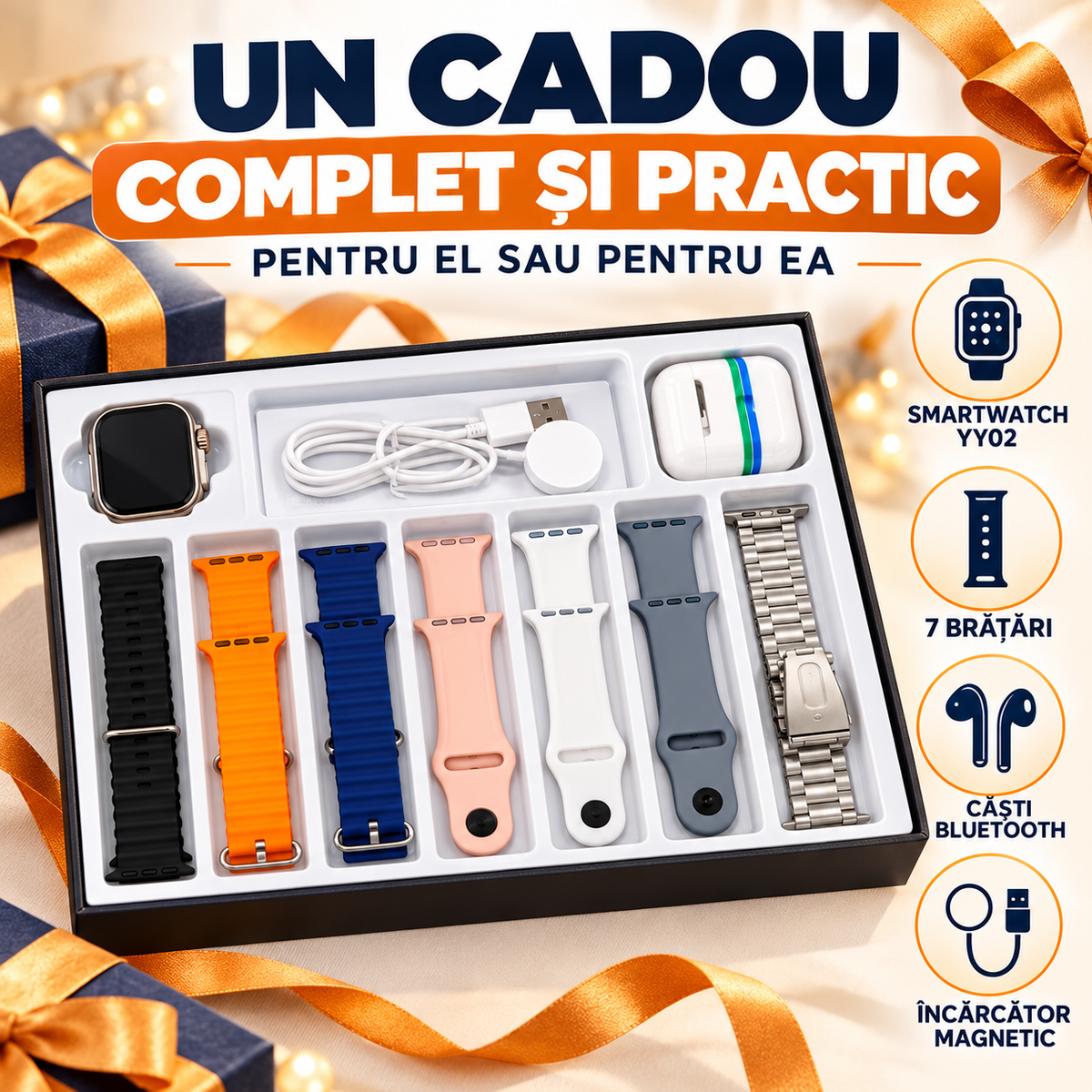 Super-Set SmartWatch ULTRA cu 7 Brățări Interschimbabile, Căști Bluetooth și Încărcător Wireless MagSafe
