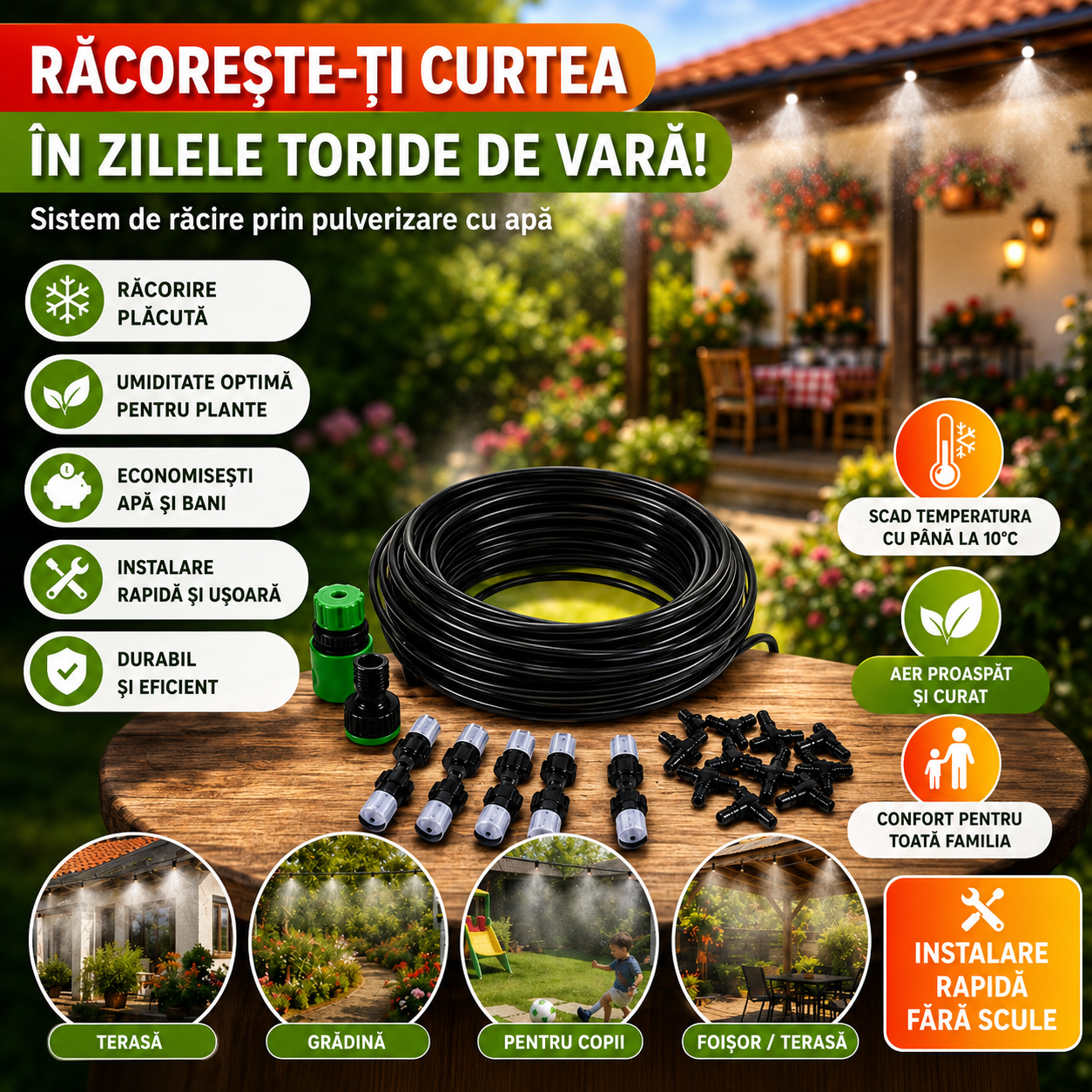 Kit Răcire cu Pulverizare Apă sub Formă de Vapori (Ceață), ideal pentru Terasă, Grădină, Balcon sau Plante / Animale - Scade Temperatura cu 10 Grade