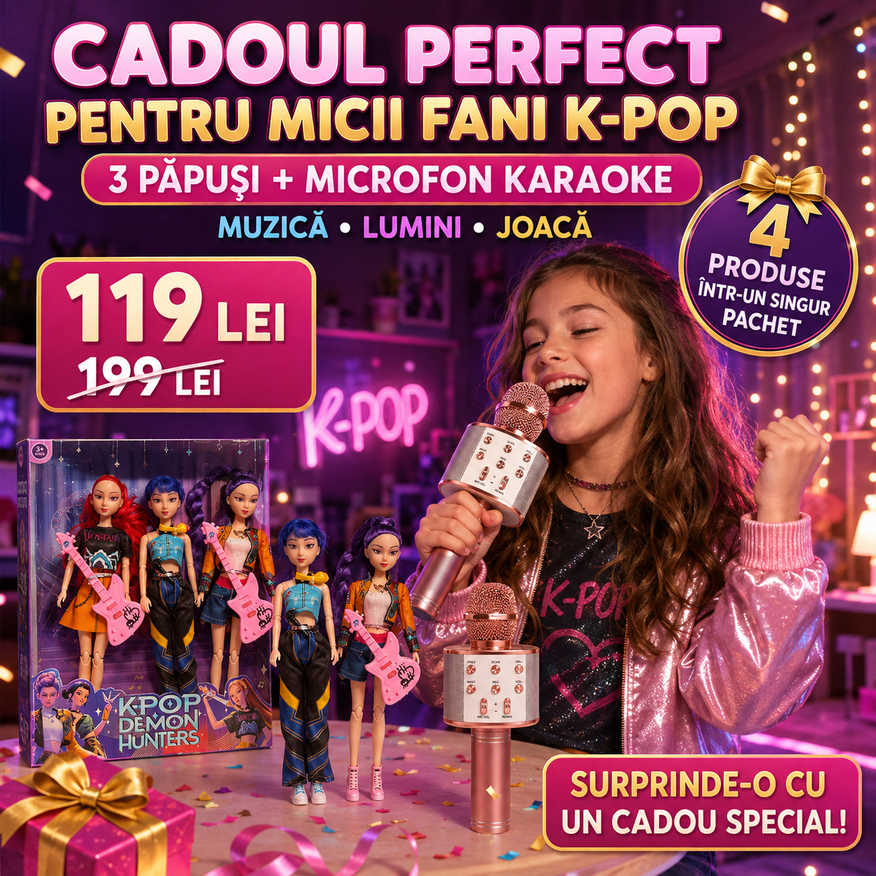 Set K-POP: Set 3 Păpuși K-Pop Demon Hunters 28cm, cu Muzică și Lumini, Accesorii și Cutie Cadou + Microfon Wireless cu Boxă pentru Karaoke (Bluetooth si Radio)