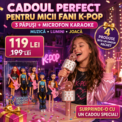 Set K-POP: Set 3 Păpuși K-Pop Demon Hunters 28cm, cu Muzică și Lumini, Accesorii și Cutie Cadou + Microfon Wireless cu Boxă pentru Karaoke (Bluetooth si Radio)