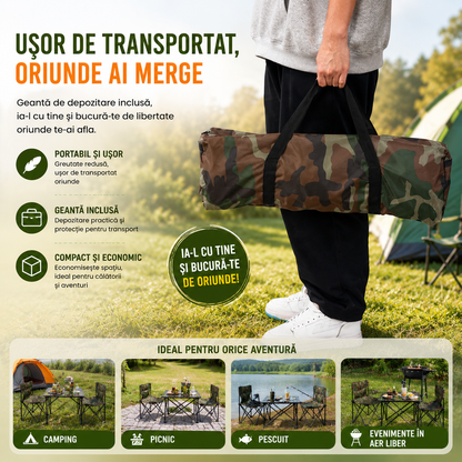 Set Masă (40x45cm) și 2 Scaune (60x30cm) Pliabile, pentru Camping, Picnic, Pescuit sau alte Activități, Geantă Transport Inclusă, Masă cu Suport Pahare/Sticle