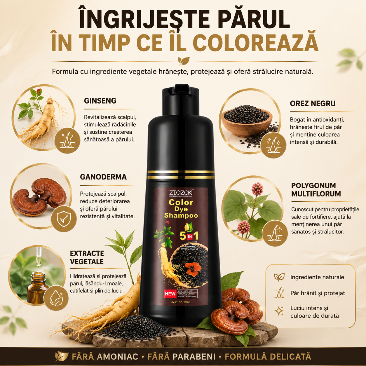 Șampon Nuanțator 5-în-1, cu Plante Naturale, Colorează, Îngrijește și Hrănește Părul, Acoperă Efiecient Firele Albe, ideal pentru Femei și Bărbați, 250ml