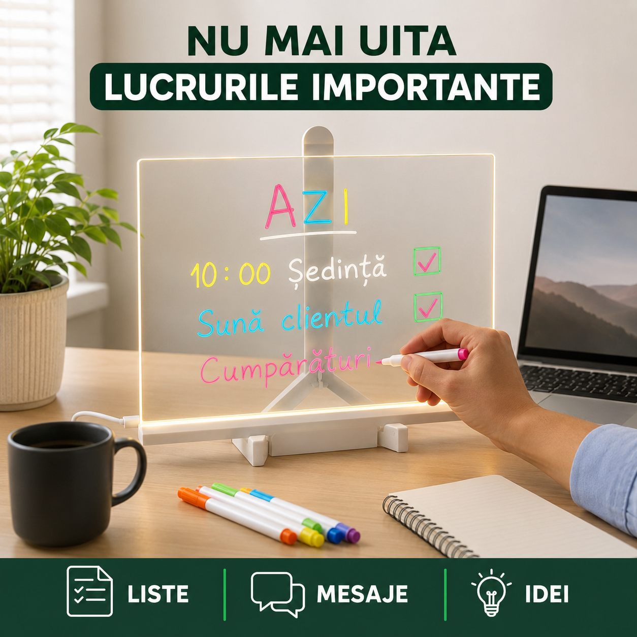 1+1 GRATIS | Set Tăbliță LED cu Suport pentru Desenat sau Scris Mesaje, Reutilizabilă, cu 7 Carioci și Lavete pentru Șters, ideală pentru Copii (Desenat, Scris, Pictat) sau pentru Adulți (Notițe, Memo, Mesaje), Dimensiune 30x20cm, Alimentare USB