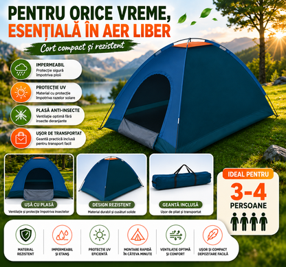 Cort Camping pentru 3-4 Persoane (Dimensiuni 200x200x135cm), Foarte Solid și Rezistent la Intemperii, Impermeabil, Protecție UV, Plasă Anti-Insecte, Geantă Transport