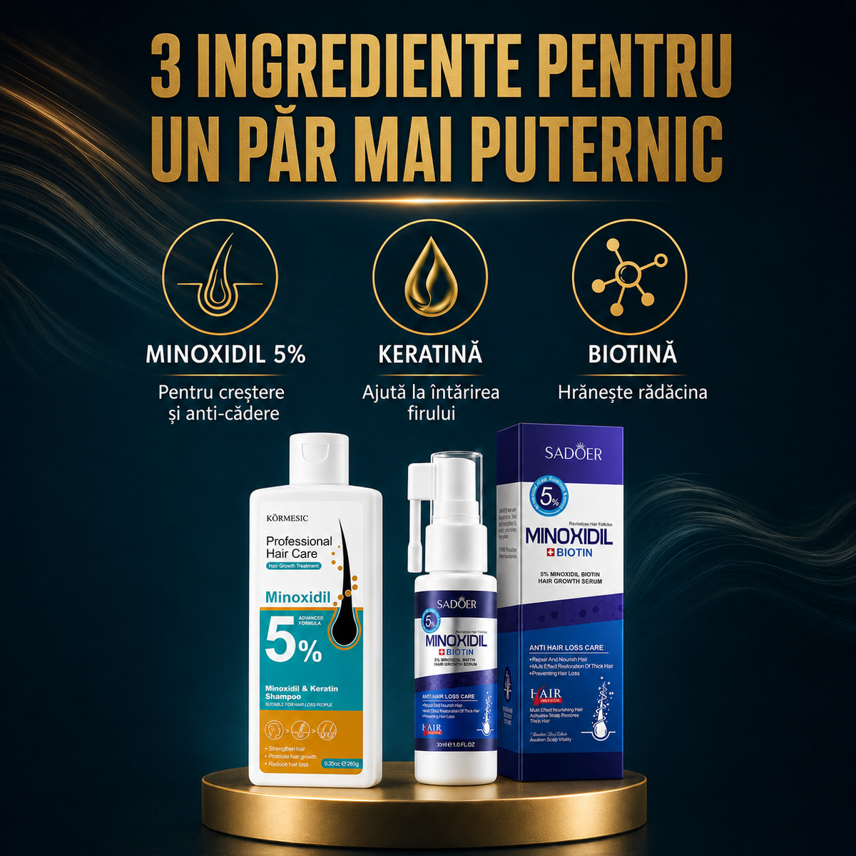 Pachet pentru Creșterea Părului și Anti-Cădere: Șampon cu Minoxidil 5% și Keratină, 265g + Set pentru Scalp cu Minoxidil 5% + Biotin, 30ml