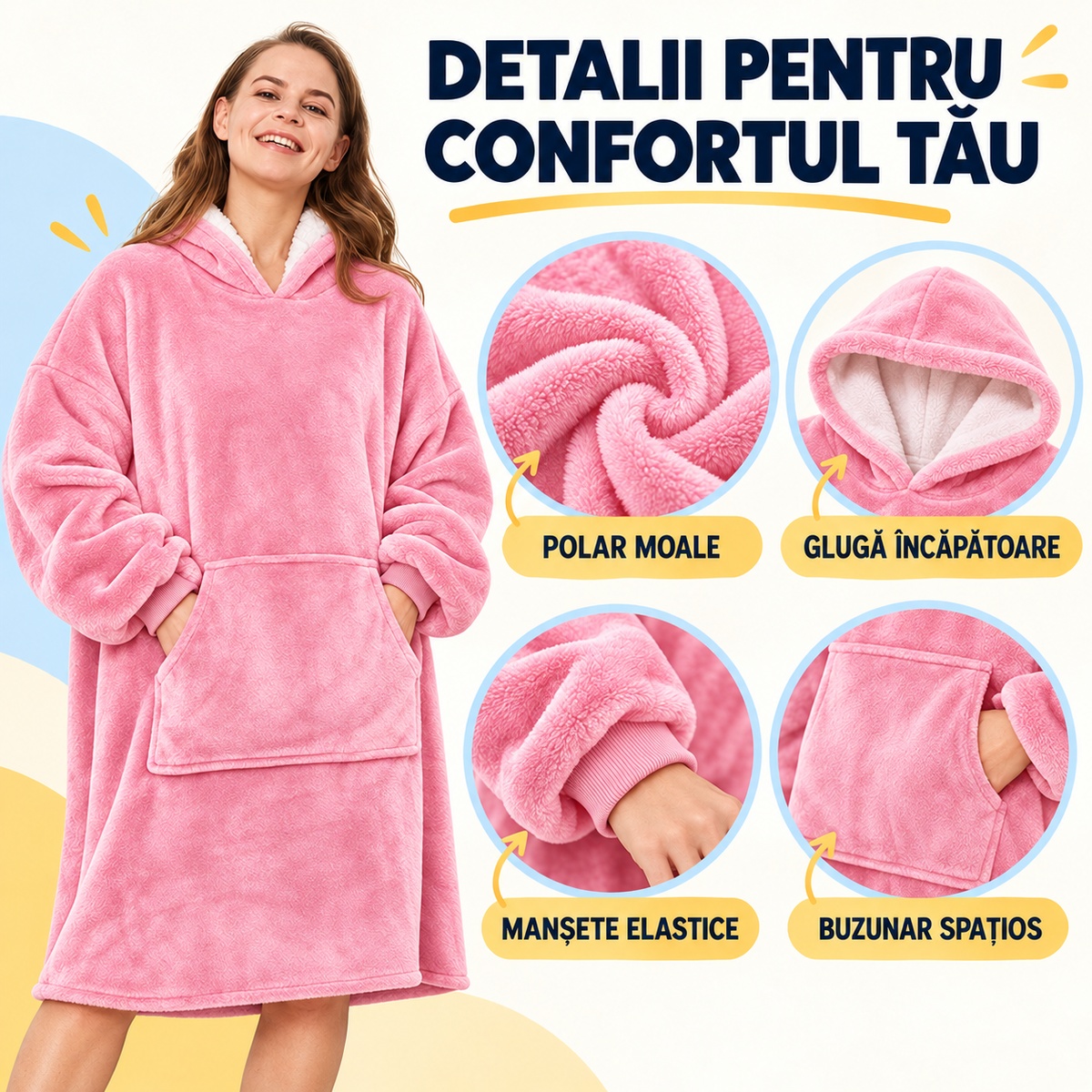 Hanorac-Pătură cu Blăniță, foarte Pufos și Călduros, cu Glugă și Buzunare, pentru Bărbați și Femei, mărime Universală, Roșu sau Roz