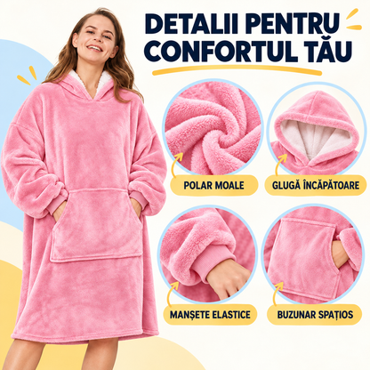 Hanorac-Pătură cu Blăniță, foarte Pufos și Călduros, cu Glugă și Buzunare, pentru Bărbați și Femei, mărime Universală, Roșu sau Roz