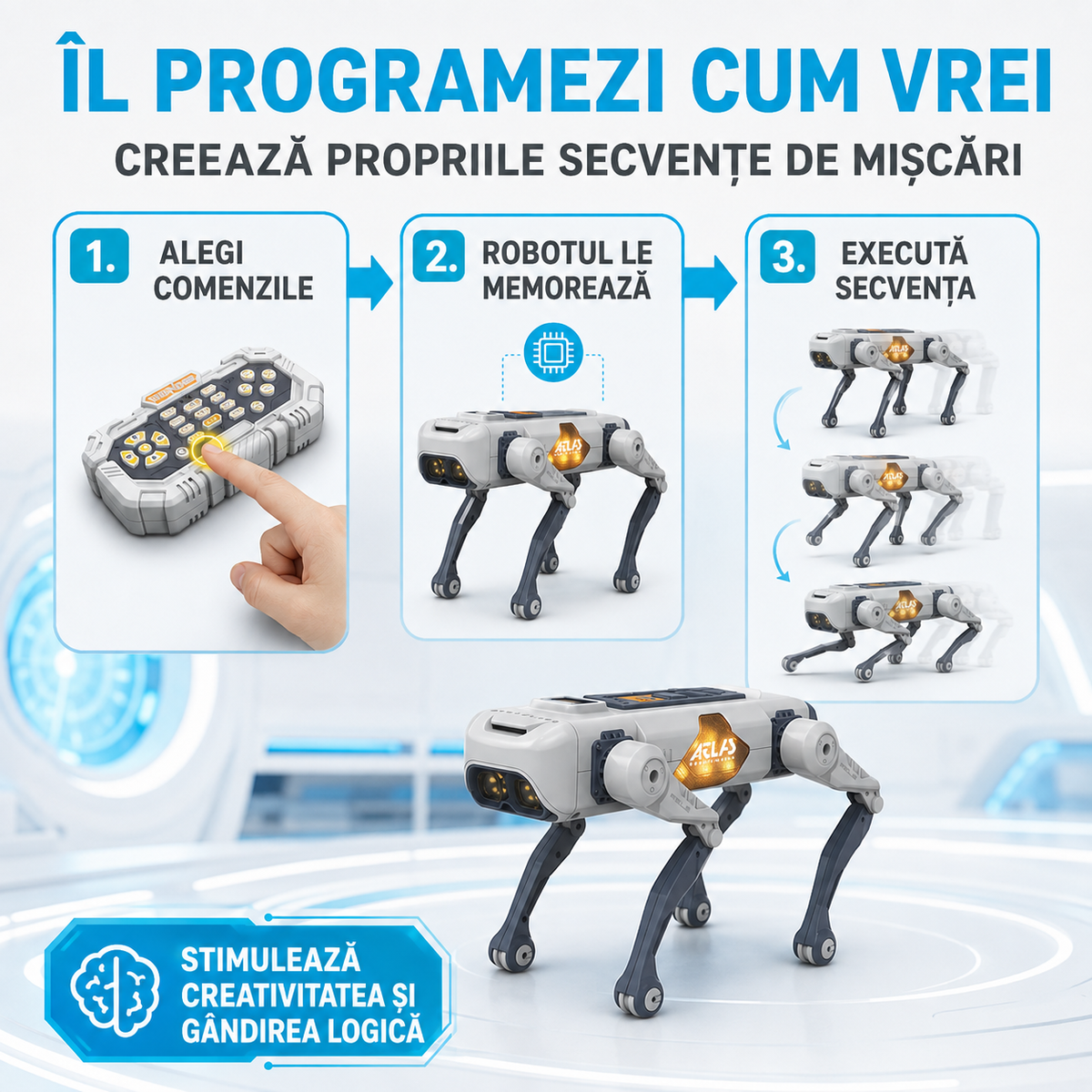 Robot Câine Inteligent, Programabil, Control prin Telecomandă, Aplicație sau Comenzi Vocale, 20+ Funcții Interactive (Muzică, Dans, Lumini LED, Imită Înotul, Stă în 2 Labe, etc.)