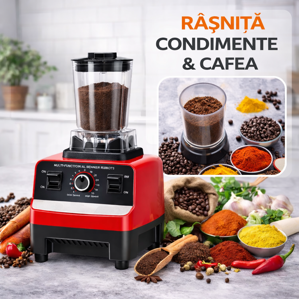 Blender Multifuncțional Profesional cu 2 Cupe, Motor foarte Puternic (4500W), 15 Trepte de Viteză, 4 Lame din Inox 3D