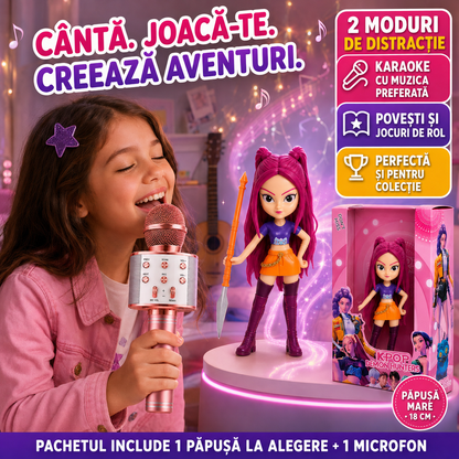 Set K-POP: Păpușă K-Pop Demon Hunters 18cm, cu Accesorii și Cutie Cadou + Microfon Wireless cu Boxă pentru Karaoke (Bluetooth si Radio)