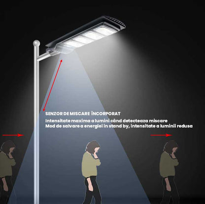 Lampă LED Stradală cu Panou Solar, Acumulator Intern, Senzor de Mișcare, Telecomandă, Sistem Prindere Inclus