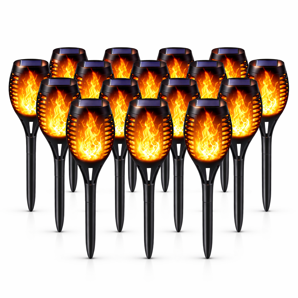 Set 8 Lămpi Solare pentru Grădină, cu Efect de Flacără (foarte Spectaculoase), Înălțime 51.5 cm, Rezistență la Ploaie (IP65), Mod Automat Noapte/Zi