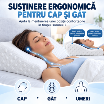 Pernă Ortopedică cu Spumă Memorie, Suport Ergonomic Gât, Umeri și Spate, Ideală pentru Orice Poziție de Somn, 50x29x10/7cm, Albă